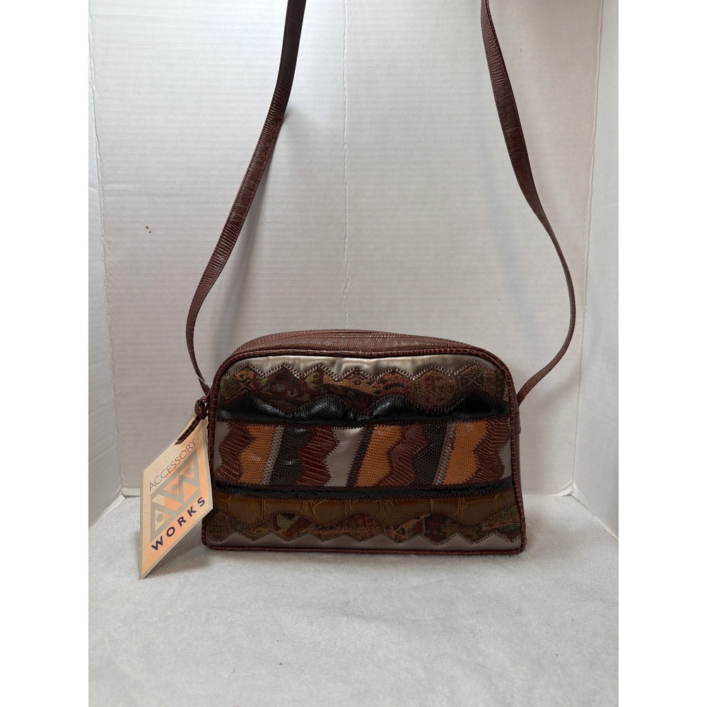 NWT‎ VTG 90s Accessory Works Crossbody Bag Small Brown Mixed Media Faux Lizard